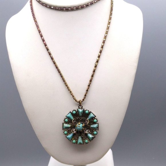 Vintage Turquoise Confetti Lucite Pendant Medallion Set in Silver Tone Ornate - Picture 1 of 5